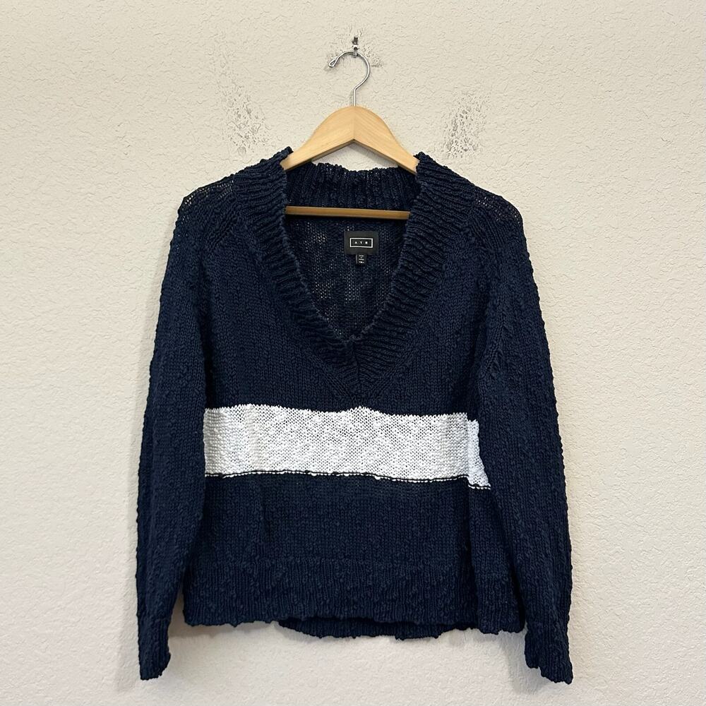 AYR Sweater Navy Blue Pullover V-Neck Open Knit Cotton Relaxed Preppy